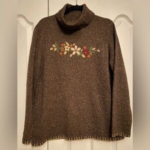 Vintage Cozy Brown Floral Women's Turtleneck Sweater